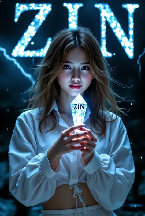 (Huge letters "ZIN" Background:1.7), ( Against the background of a thunderstorm night :1.7), female idol on pencil, beautiful woman in silya room, (「ZIN」written on it that says ZIN.Holding a sparkling crystal with the letters:1.3), flowing hair , perfec...
