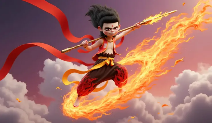  from the center of the screen，Nacha stepped on a flaming Hot Wheel and speeding through the sky，The celestial silk surrounds his body，Dragging the remnants of the flames in high-speed flight。Gaoqing with his left hand burning a golden flame in the Qiankun...