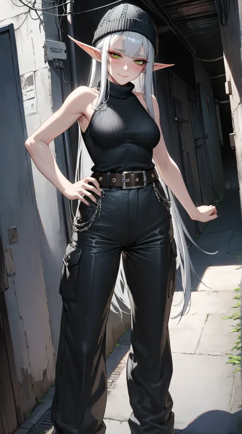 Masterpiece, Best Quality, Anatomically Correct, High Detail, Textured Skin,
mature female, adult woman, She's an elf,
1woman, alone, watching viewers,
silver hair, long hair, bangs, very straight hair, green eyes, upturned eyes, Long eyelashes, slim bod...