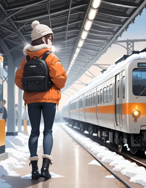 1girl,train station, winter,Snowfall, Bokeh, girl with winter jacket,Dusk, full body depiction,wide view,(The train is covered in snow), anime,slice of life, A girl in a brown fur jacket,Long black jeans ,Boots,back pack,Knitted hat, sparkling Bokeh, maste...