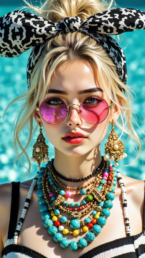8k, Masterpiece, Top Quality, close-up portrait, eye-level, woman with blonde messy updo, wearing large black/white patterned headscarf bow, large pink round reflective sunglasses, bright red lipstick, extremely large ornate gold dangle earrings, numerous ...