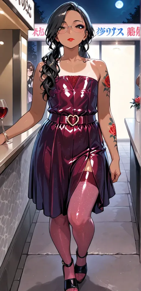Otoko no ko, femboy, With a party dress miniskirt. Strapless top. Flat chest, Brown_eyes, eye glasses, black eyeliner, red lipstick gloss, showing the whole body, mature features, black hair, long wavy hair, long twin tails, hair bangs, brown_skin color, s...