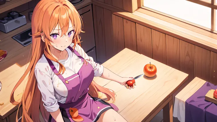 1 girl, alone, masterpiece, best quality、 Erina Nakiri, long hair, orange hair, (purple eyes:1.1), hair between eyes、silk kitchen、kitchen、Holding a knife、golden hair、apron、Holding an apple、Sunlight、 bright picture、Big Breasts、without slouching forward、swea...