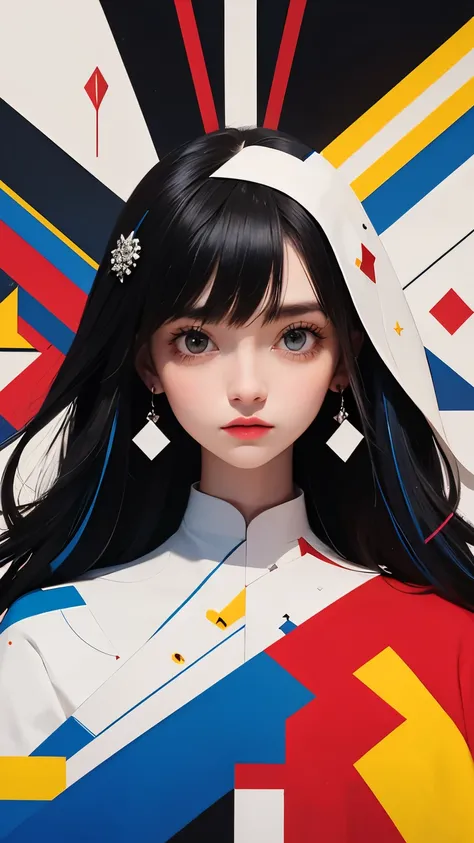 An intricate masterpiece of geometric art inspired by Bauhaus principles, showcasing the harmonious combination of red, blue, yellow, and white hues. The composition exudes the essence of precision and balance, with each shape and line meticulously crafted...