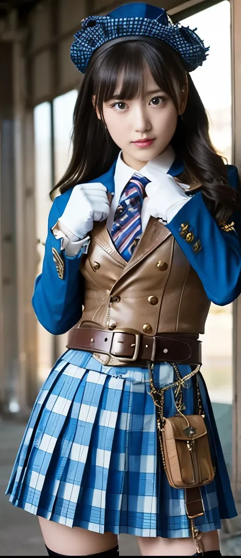 Cool Fighting Idol Girl、A pure girl's face、 hypo、、Steampunk Uniform(Blue Checkered Pleated Miniskirt)、、 Punk Belt 、Glowing Fist of Fire、