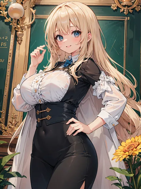 best quality、 masterpiece、An intellectual smile、8k、Ultra-fine、straight hair、lady、adult woman、Big Breasts、Age 30、smile、 Raise the corners of your mouth 、 Female Teacher