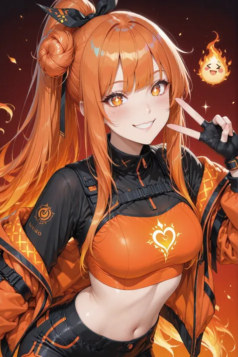 ((masterpiece, best quality, anime style, ultra-detailed)), (1girl, solo, human), (young female, age 17–19, energetic build, sparkling amber-orange eyes:1.4, bright playful smile, cheerful glowing expression, warm fair skin), (vivid orange hair:1.6, tied u...