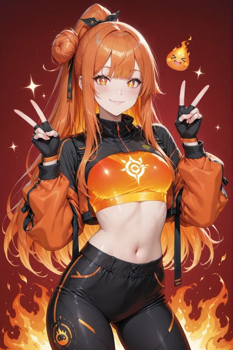((masterpiece, best quality, anime style, ultra-detailed)), (1girl, solo, human), (young female, age 17–19, energetic build, sparkling amber-orange eyes:1.4, bright playful smile, cheerful glowing expression, warm fair skin), (vivid orange hair:1.6, tied u...