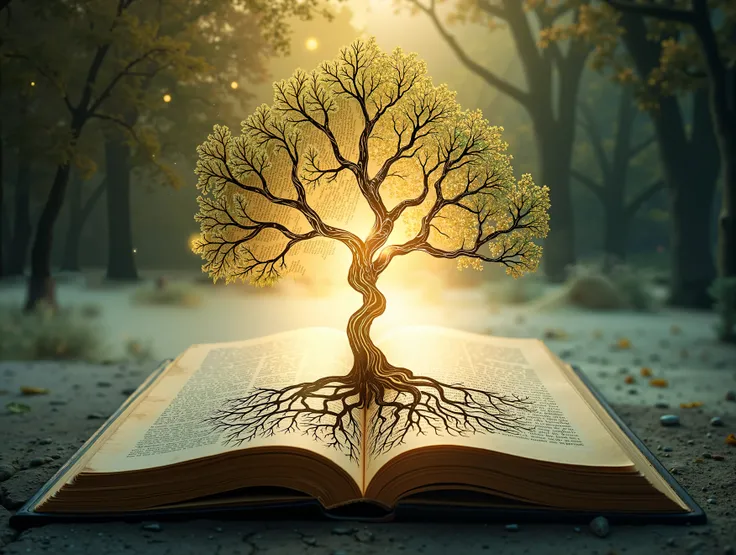 An enchanting, surreal image of a storybook lying open, its pages glowing faintly as if alive with magic. From the center of the book, an intricate optical illusion unfolds: the Tree of Life emerges, its roots sprawling across the pages like flowing ink, w...
