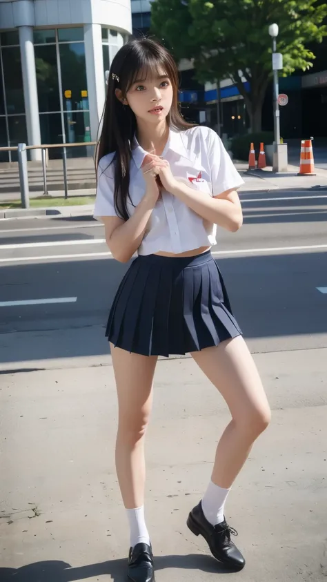 put your hands into fists, right leg ((kicks in the air)), eyes focus on the right leg, while shouting haaa, pretty bravelly, , thin legs, tight skirts, left leg heels on the ground on, sidewalk, RAW photos, 8K, highest quality, ultra-high resolution, beau...