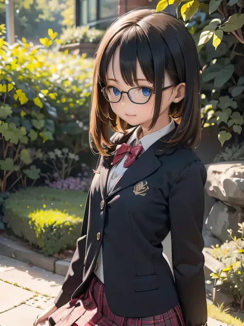 ((((        uniform ))))    clearly show the outline of the eyes(  ,4K,8k, portable , masterpiece:1.2) best quality、hold the one with a hole at the top
 Let's make Bob、                       perfect glasses                     ,  pick up the skirt,        ...