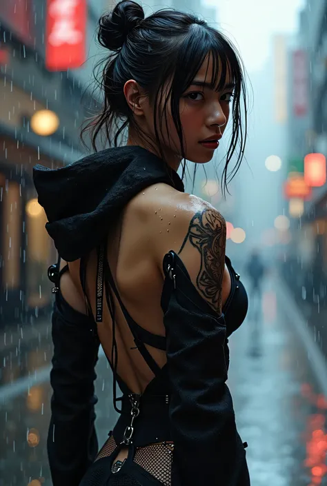 (((A futuristic city in the style of the Edo period:2.0))),((Edo in the Rain:1.7)),(((HR Gigger style cyberpunk atmosphere:2.0))),(((Has a cyberpunk Japanese sword:2.0))),side view from the back,Side pose,((Looking back and looking at the camera:2.0)),((lo...