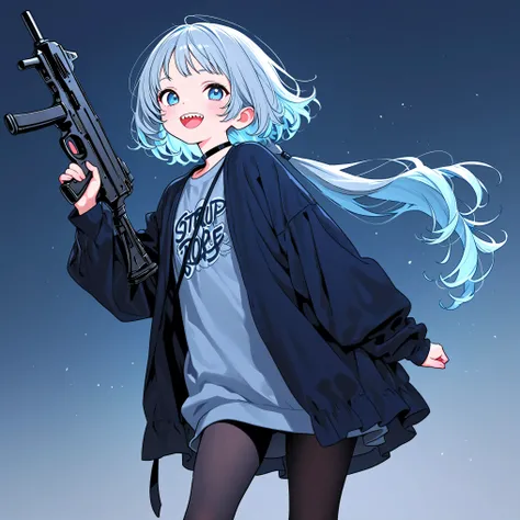 high resolution、High Quality、girl , grey hair、 light blue hair、shortcuts, Low Ponytail 、 stupid hair、Black Pantyhose 、casual rock fashion、Submachine Gun、double teeth