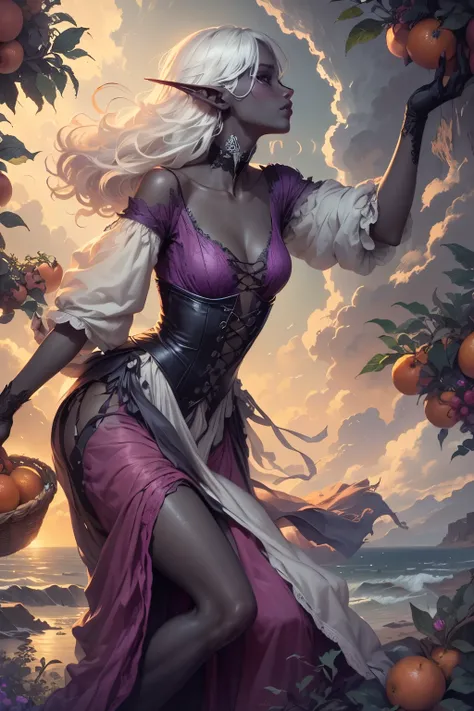 (Ultra-detailed face, Looking Away, Gothic Illustration, Dark Tone Colors.) , BREAK
(A medieval Italian orchard. A dark elf woman bends over and twists her body, reaching out her hand in a bold pose to carefully harvest the fruit of an Italian orange. She...