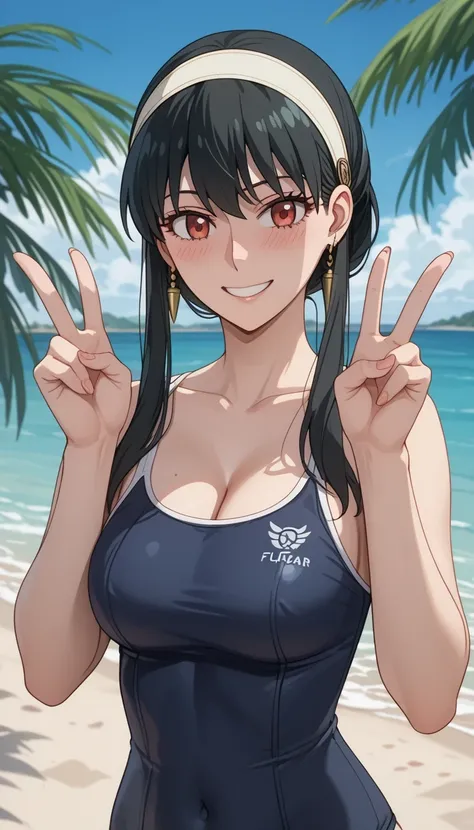 score_9, score_8_up, score_7_up, source_Anime Top Quality、8k、 masterpiece、super high accuracy、 natural light、完璧な解剖学、one woman、medium chest、saggy breasts:1.7、Cleavage、black hair、yor foger、(embarrassing、fun)、school swimsuit、((Tropical Beach))、(((bust shot)))...
