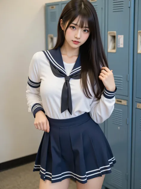 japanese cute idol, Japanese cute girl, kawaii, a pretty woman is posing at the school locker's room , 1girl, solo, realistic, ((japanese school uniform:1.5)), long hair, black hair, nsfw, masterpiece, best quality, hyper detailed, insanely detailed, 1...