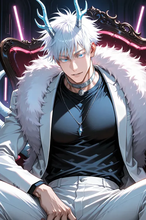 1man, gojou satoru /(jujustu kaisen/), detailed eyes, blue eyes, white hair, short hair, detailed eyelashes, colored eyelashes, sexy man, trained body, muscular, handsome, cool, mature man, adult, male, elegant man, heterochromia, fur boa, black shirt,Col...