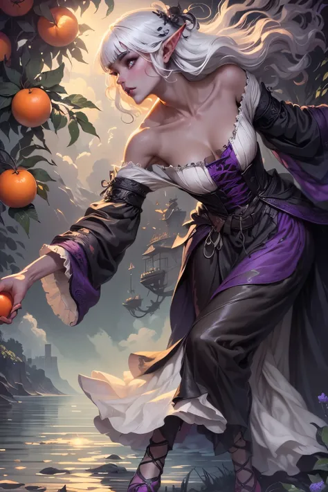 (Ultra-detailed face, Looking Away, Gothic Illustration, Dark Tone Colors.) , BREAK
(A medieval Italian orchard. A dark elf woman bends over and twists her body, reaching out her hand in a bold pose to carefully harvest the fruit of an Italian orange. She...