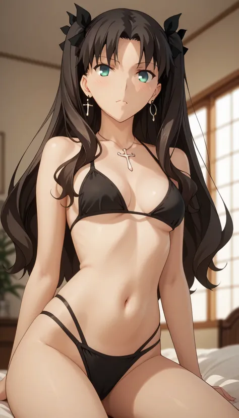 Tohsaka Rin, ideal female body, hot figure, firm breasts, medium sized breasts, sexy, black bikini 