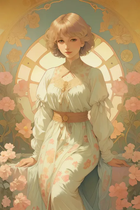 378(20 year old women),(short hair),(gentle smile),(high quality photos),(Alphonse Mucha),(colorful floral dress),(A room with a large painting),((contrast between light and shade))