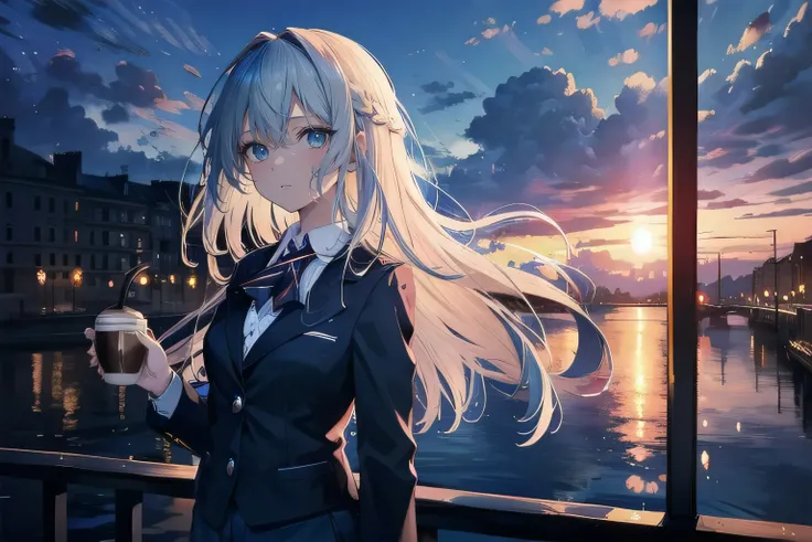 (masterpiece), (best quality), ultra detailed, finely detailed color, cenematic painting, ((holding coffee)), urban, sunset, evening, twilight, dusk, vesper, railway station, cowboy shot, side view, anime lady, ((one lady)), 20-year-old lady, cute face, wh...