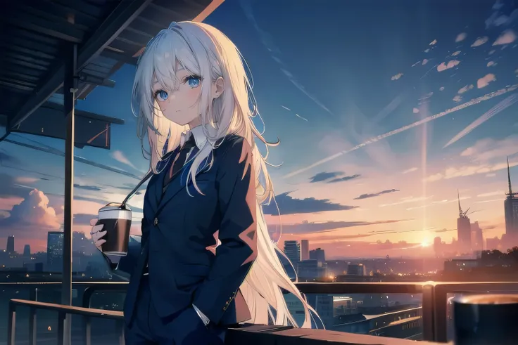 (masterpiece), (best quality), ultra detailed, finely detailed color, cenematic painting, ((holding coffee)), urban, sunset, evening, twilight, dusk, vesper, railway station, cowboy shot, side view, anime lady, ((one lady)), 20-year-old lady, cute face, wh...