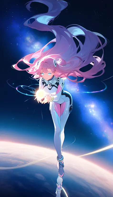 A dreamy anime-style digital illustration of a futuristic female pilot with long flowing hair, glowing eyes, and a sleek bodysuit, standing on the edge of a neon-lit space highway. Behind her stretches a cosmic skyline with swirling galaxies, stardust, and...