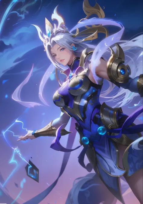 A magical warrior conjuring electric energy with swirling mist around her, medium camera gently panning to capture her graceful movements, digital art style with ethereal lighting effects, large breast, huge , big breast, very big breast
