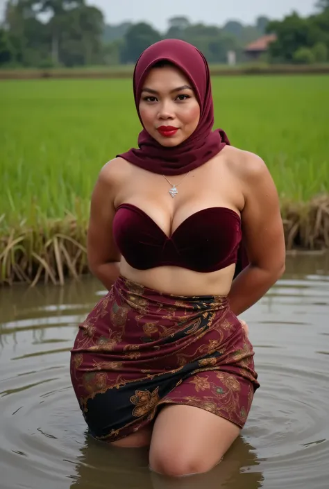 HIJAB Fat bbw Plumpers , Wearing hijab perfectly, Wearing maroon velvet Strapless Bra , ((wearing High Kain Batik Sarong)),  view from the front,  both hands lying behind back, background rice paddy. twilight is red atmosphere, FRONT IMAGE, red lips 👄 (det...