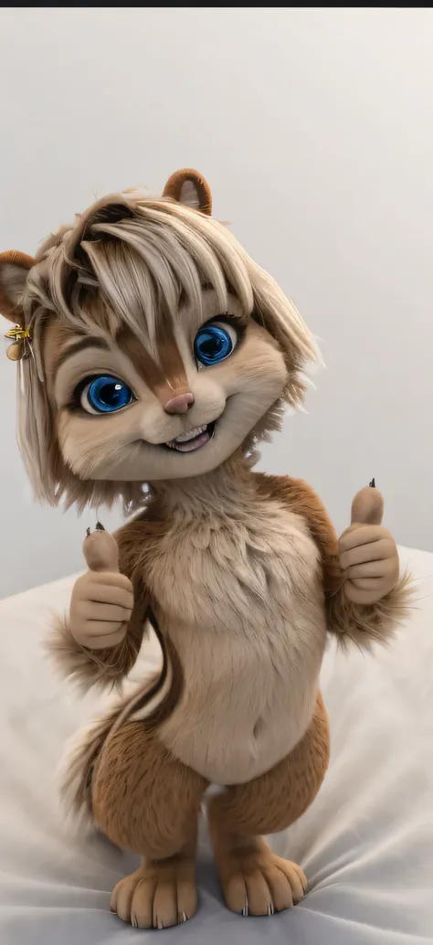 Brittany_Miller, One, chipmunk ,fluffy, feminine,  it hurts  ,give five,   intertwines the fingers   , perfect toes with claws  , Hand gestures ,  under the blanket, in bed, perfect eyes,  realistic eyes,  ideal mouth,  without a smile , mouth closed,,ligh...