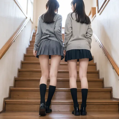 Japanese High School Girl　loafers　Black Sox Slender　tall　pretty short skirt　thin legs　Gray long cardigan　Angle from the bottom of the stairs　anatomically correct showing a little bit of butt　full body　it's going up the stairs