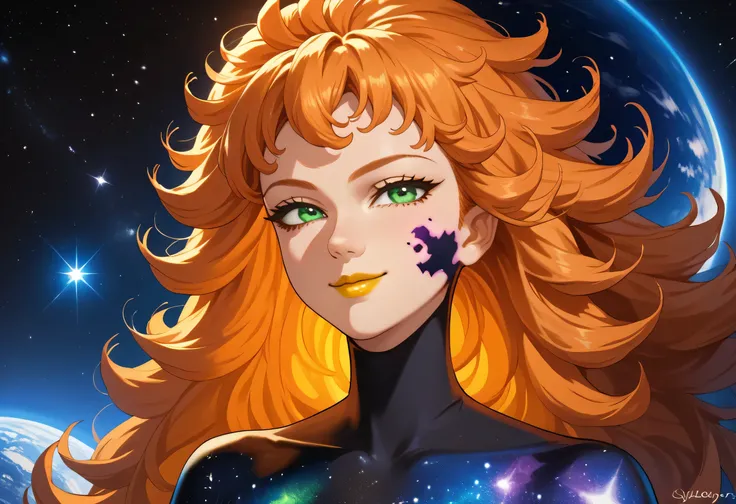 woman, anime style, yellow lipstick, green eyes, looking at viewer, focus on face, smiling, orange hair, long hair, voluminous hair, amazing lighting, yellow lighting, universe, outer space background, stars, galaxies, galactic hair