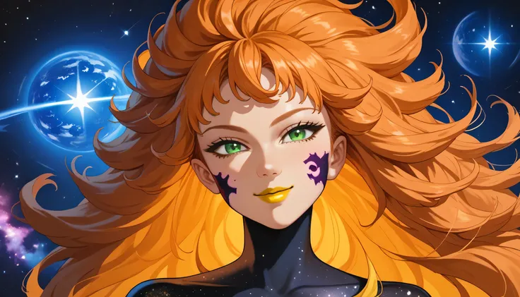 woman, anime style, yellow lipstick, green eyes, looking at viewer, focus on face, smiling, orange hair, long hair, voluminous hair, amazing lighting, yellow lighting, universe, outer space background, stars, galaxies, galactic hair