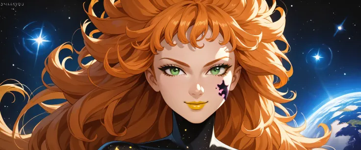 woman, anime style, yellow lipstick, green eyes, looking at viewer, focus on face, smiling, orange hair, long hair, voluminous hair, amazing lighting, yellow lighting, universe, outer space background, stars, galaxies, galactic hair