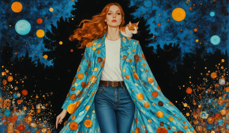 surreal fantasy, acrylic, Linda garota com cabelo longo e ondulado, jeans, t-shirt and a lightjacket, street wear cloths, walking in the park with a cat on lap, palette of color Lapis Lazuli, Oxford Blue, Turquoise, Raw Sienna, Brown (Crayola), ethereal...