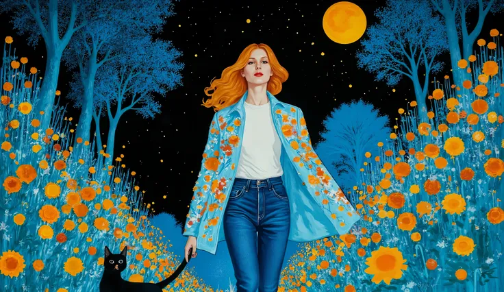 surreal fantasy, acrylic, Linda garota com cabelo longo e ondulado, jeans, t-shirt and a lightjacket, street wear cloths, walking in the park with a cat , palette of color Lapis Lazuli, Oxford Blue, Turquoise, Raw Sienna, Brown (Crayola), ethereal mood,...