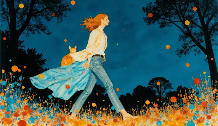 surreal fantasy, acrylic, Linda garota com cabelo longo e ondulado, jeans, t-shirt and a lightjacket, street wear cloths, walking in the park with a cat on lap, palette of color Lapis Lazuli, Oxford Blue, Turquoise, Raw Sienna, Brown (Crayola), ethereal...