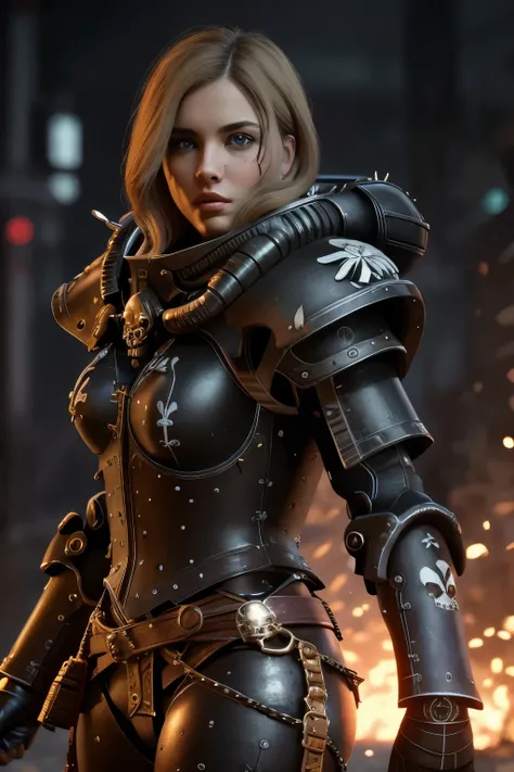 a highly detailed and realistic portrait of a beautiful blonde woman wearing power armor with a skull emblem, looking directly at the viewer, ultra-detailed, 8k, photorealistic, cinematic lighting, dramatic color palette, masterpiece, edg quality
