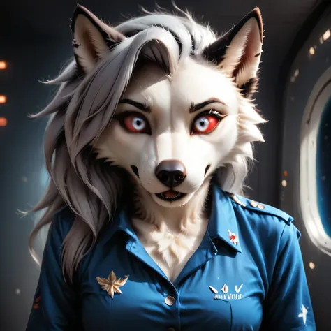 Loona furry floating in a space station, furry, standing at attention, blue sleeveless military dress uniform with side slits, shocked, suprised, floating in space, floating, zero gravity, looking at viewer, tall, anthro, space ship bridge, holographic scr...