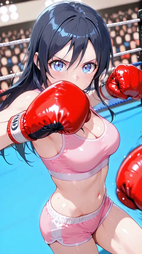 ayase aragaki, solo,  (punching at viewer:1.3), long hair, blue eyes, black hair, pink  sports bra, pink sports very short spats, boxing gloves, bare thigh, cleavage, medium breast, Perfect body, detailed eyes, detailed face, glaring, looking at viewer, (p...