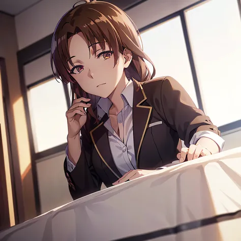 16k, high resolution, Hochwertig, masterpiece from, anime drawing,  a beautiful woman, Kiyotaka Ayanokouji Solo, slim face, brown hair, middle parting, langes Haar, beautiful eyes, Student,