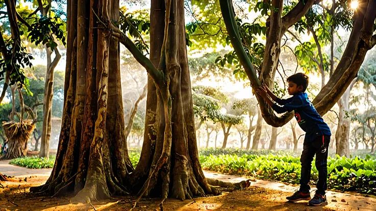 Dynamic photo of a one boy touching the bark of peepal tree