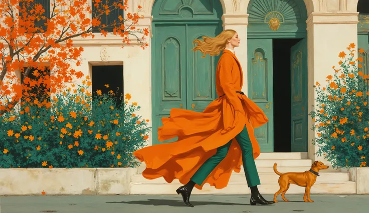 Surreal Fantasy, illustration, style René Gruau, acrylic, a girl with long hair, elegant cloths, walking in the street in Paris by the Champs Elisée with a small dog, palette of color Rusty Red, Antique Ruby, Dark Green, Midnight Green (Eagle Green), Tar...