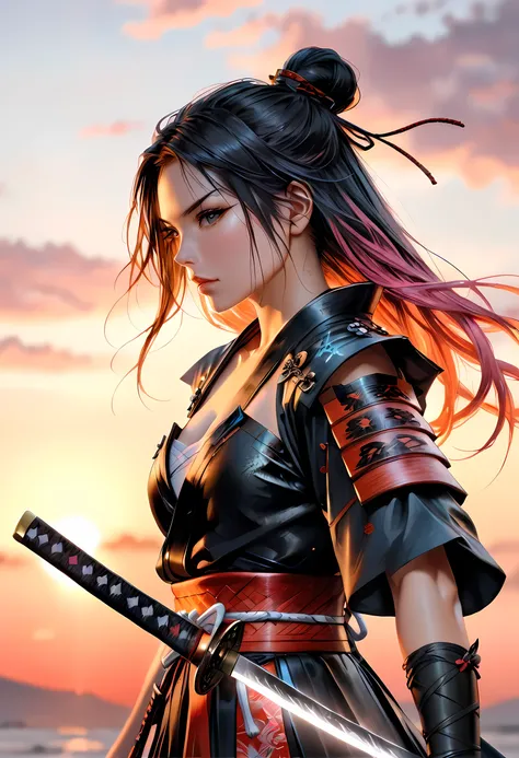 a woman samurai at sunset, beautiful woman samurai holding a katana, the katana reflects light, ultra feminine, long hair, braided hair, dynamic hair color, light reflection, it is sunset, some clouds, award winning, photorealism, depth of field, hyper r...