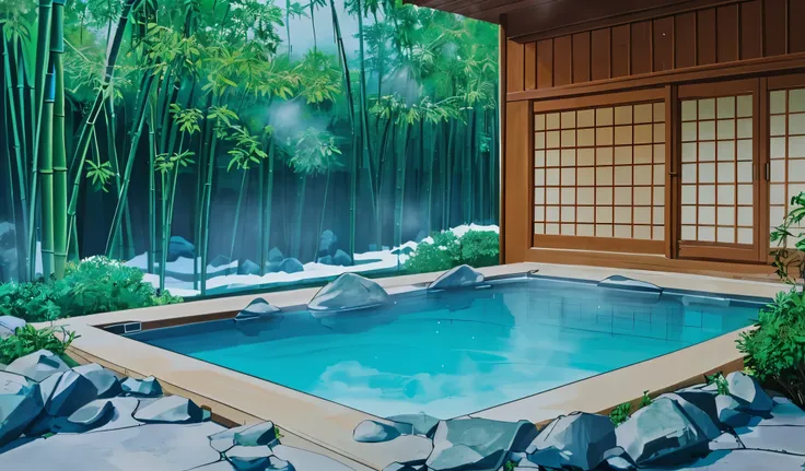Drawn in 80’s anime art style. 
Retro anime. Vintage Anime. Classical Anime. 

Japanese Hotel Bath Area

5. Onsen / Bath Area
	•	Entrance: Split into male and female sides. You remove clothing and shower before entering the hot spring.
	•	Design: Wooden tu...