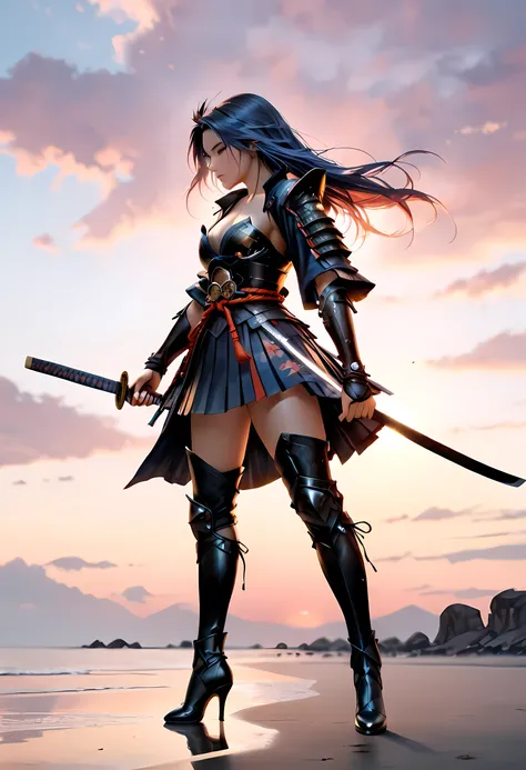 a full body action shot, award winning shot, woman samurai at sunset, beautiful woman samurai holding a katana, the katana reflects light, ultra feminine, long hair, braided hair, wearing elegant armor, high quality armor, wearing high heels boots, dynamic...