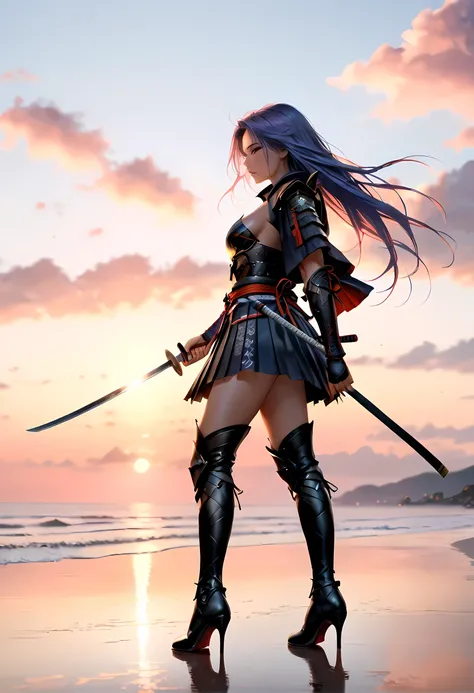 a full body action shot, award winning shot, woman samurai at sunset, beautiful woman samurai holding a katana, the katana reflects light, ultra feminine, long hair, braided hair, wearing elegant armor, high quality armor, wearing high heels boots, dynamic...
