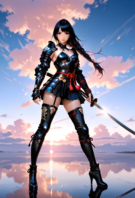 a full body action shot, award winning shot, woman samurai at sunset, beautiful woman samurai holding a katana, the katana reflects light, ultra feminine, best detailed face, ultra detailed face,  long hair, braided hair, wearing elegant armor, high qualit...
