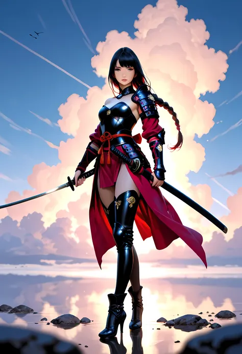 a full body action shot, award winning shot, woman samurai at sunset, beautiful woman samurai holding a katana, the katana reflects light, ultra feminine, best detailed face, ultra detailed face, long hair, braided hair, wearing elegant armor, high qualit...
