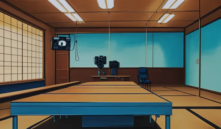 Drawn in 80’s anime art style.
Retro anime. Vintage Anime. Classical Anime.
Japanese Police Station Interrogation Room
6. Interrogation Room
• Design: Bleak and minimal. Just a metal table, two chairs, and a recording camera in the corner.
• Lighting...